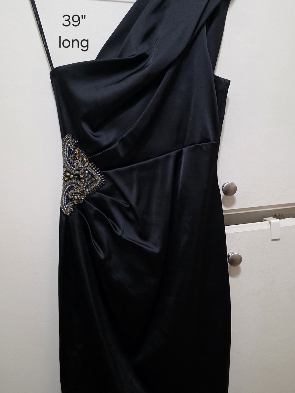 David Meister Black Satin One-Shoulder Cocktail Dress with Beaded Hip - Size 2
